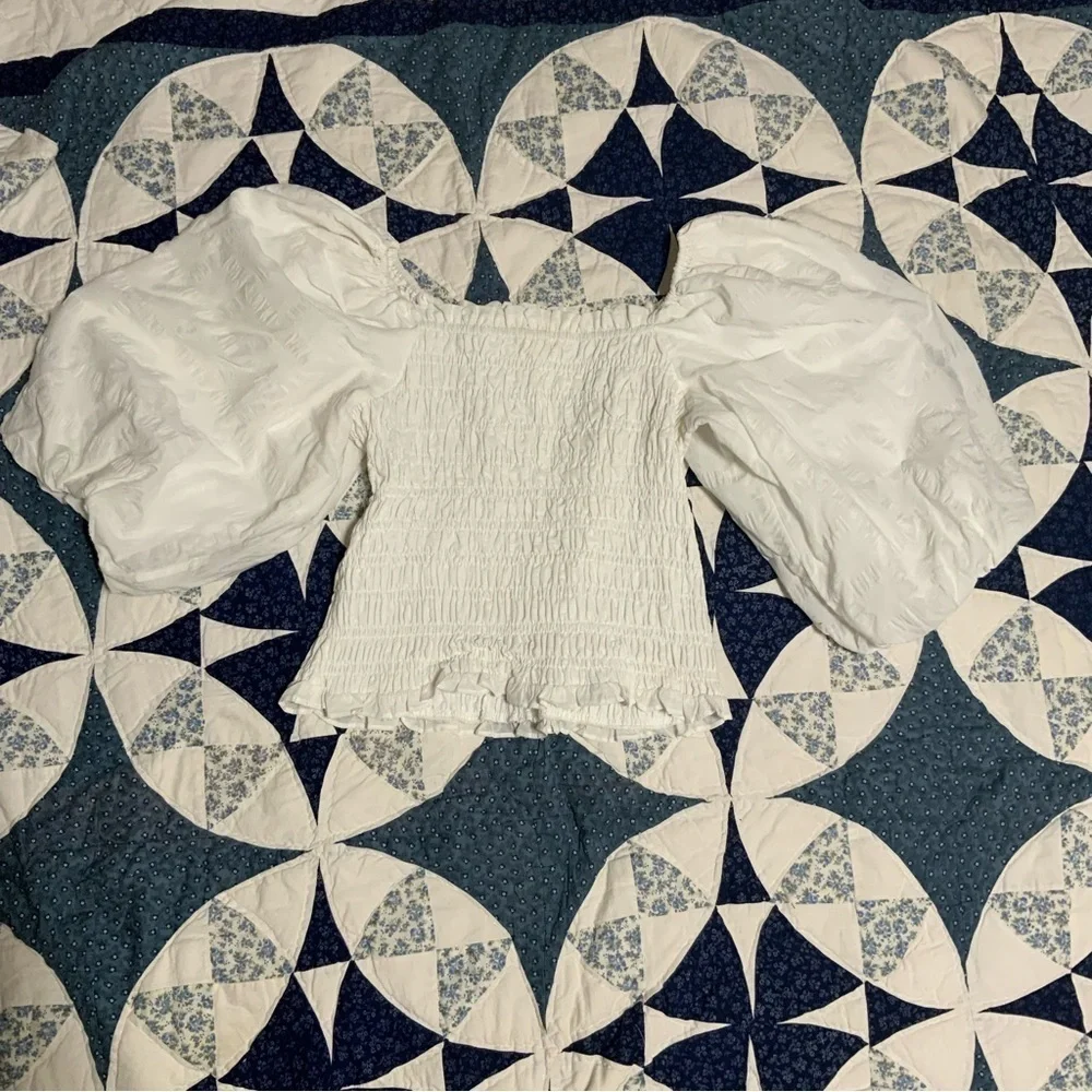 Anthropologie White Puff Sleeve Smocked Cottagecore Top